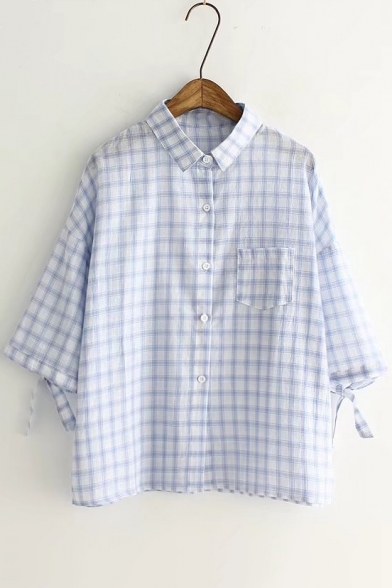 Loose Single Breasted Lapel 3/4 Length Sleeve Plaid Shirt