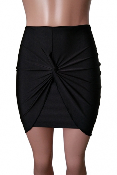 New Fashion Knotted Front Zip Back Plain Mini Bodycon Skirt