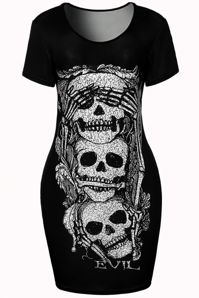 New Fashion Skull Pattern Round Neck Short Sleeve Mini Bodycon T-Shirt Dress