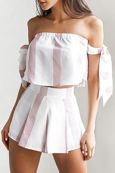 New Fashion Striped Printed Bow Sleeve Cropped Top with Leisure Shorts