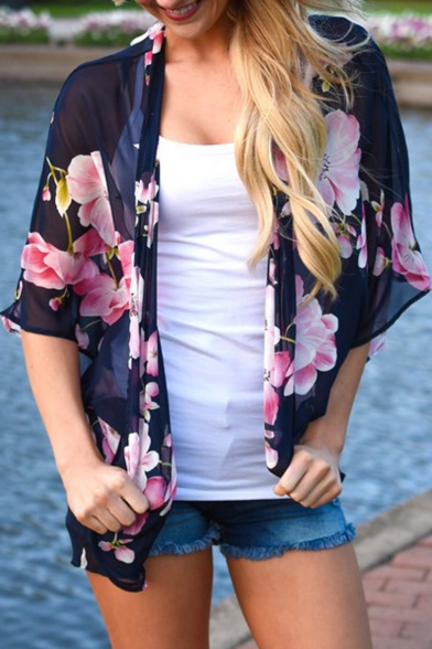 See Through Floral Printed Half Sleeve Open Front Chiffon Top