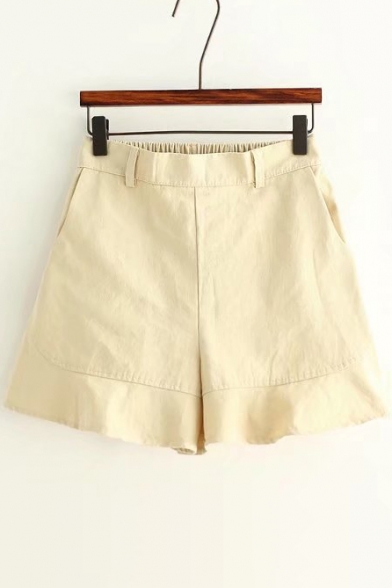 Simple Elastic Waist Plain Wide Leg Shorts with Two Pockets