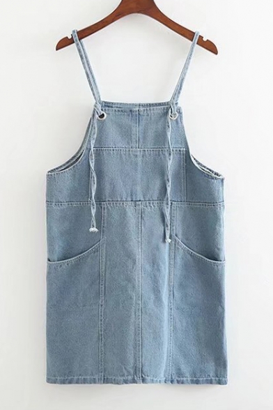 Summer's Basic Plain Spaghetti Straps Denim Overall Dress with Pockets