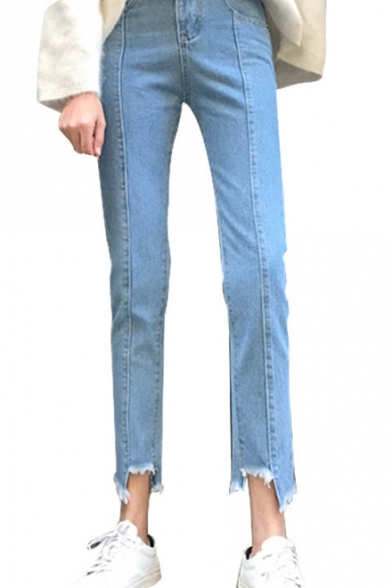 Women's Asymmetric Broken Cuffs High Waist Plain Skinny Jeans