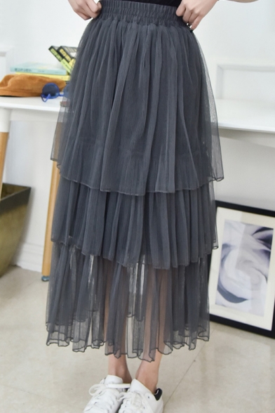 Women's Favor Multi-Layered Ruffle Elastic Waist Plain Mesh Maxi Skirt