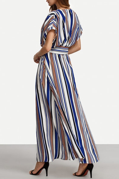 Women's Striped Color Block V-Neck Wrap Front Split Front Belt Waist Asymmetric Dress