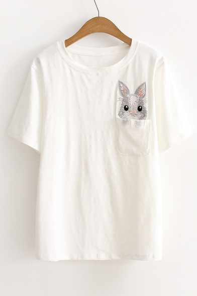 Cute Pocket Embroidery Rabbit Pattern Short Sleeve Round Neck Tee