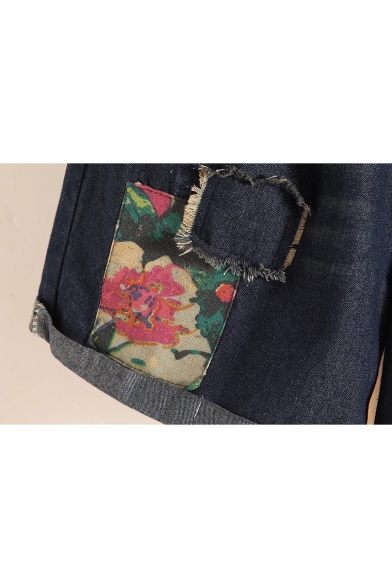 Drawstring Elastic Waist Embroidery Floral pattern Turn Up Denim Shorts