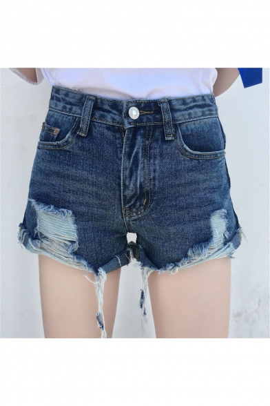 Fashion Ripped High Waist Plain Denim Shorts with Contrast Pocket