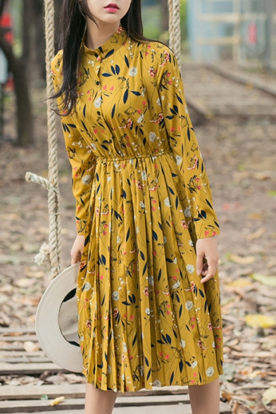 Floral Printed Elastic Waist Stand Up Collar Long Sleeve Buttons Down Midi Dress