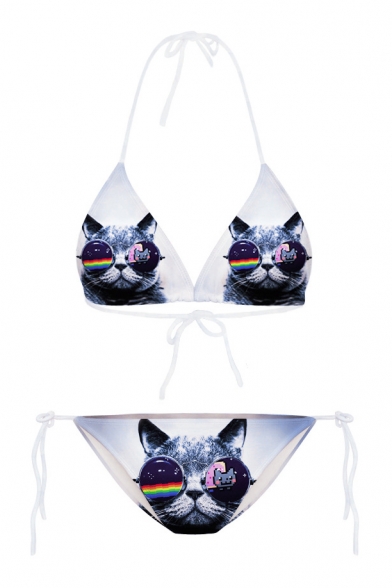New Arrival Cartoon Cat Printed Halter Neck String Side Bottom Bikini Swimwear