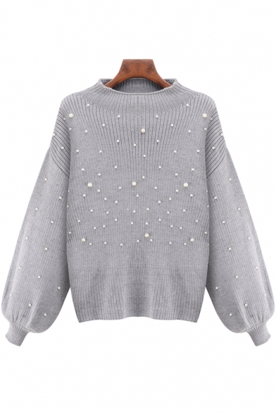 New Arrival Dropped Lantern Long Sleeve Beaded Plain Oversize Pullover Sweater