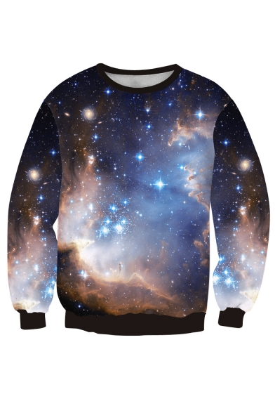 New Arrival Galaxy Printed Round Neck Long Sleeve Pullover Sweatshirt