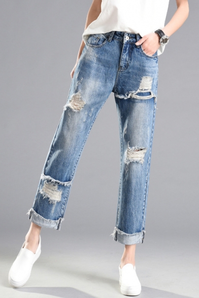 New Arrival Ripped Straight Legs Folded Cuff Summer's Leisure Capris Jeans