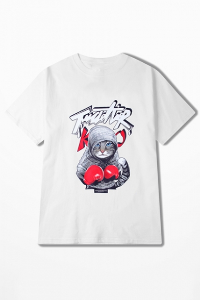 New Arrival Street Style Box Cartoon Cat Printed Round Neck Short Sleeve T-Shirt