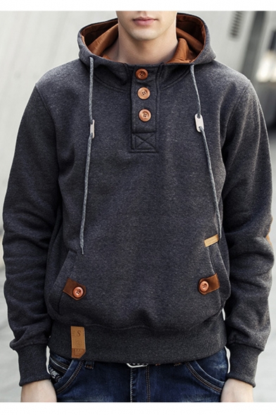 New Collection Long Sleeve Buttons Fly Collar Plain Hoodie with Pockets