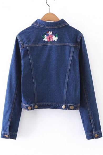 Retro Floral Embroidered Lapel Collar Long Sleeve Buttons Down Denim Coat