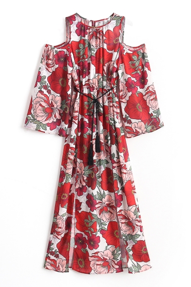 Round Neck Cold Shoulder 3/4 Sleeve Floral Printed Maxi A-Line Dress