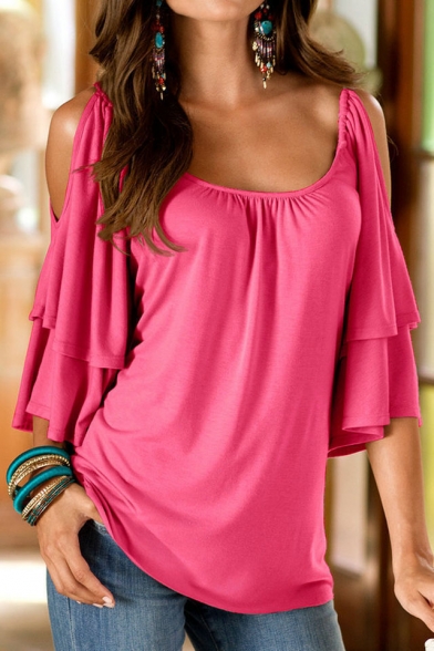 Scoop Neck Cold Shoulder Ruffle Sleeve Plain Pullover T-Shirt