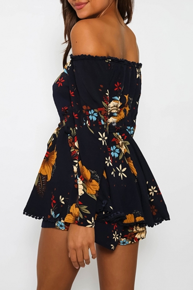Sexy Off The Shoulder Long Sleeve Floral Printed Rompers with Waistband