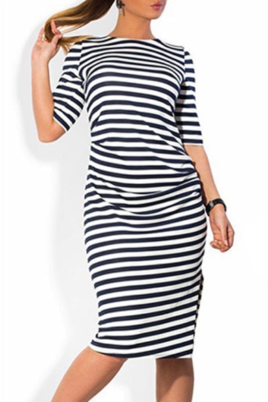 Women's Striped Color Block Half Sleeve Midi Pencil Dress