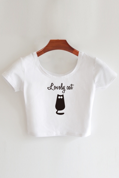 Cartoon Cat Letter Printed Scoop Neck Short Sleeve Cropped T-Shirt