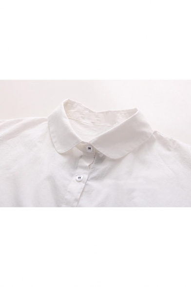 Cute Cartoon Printed Lapel Collar Short Sleeve Buttons Down High Low Shirt