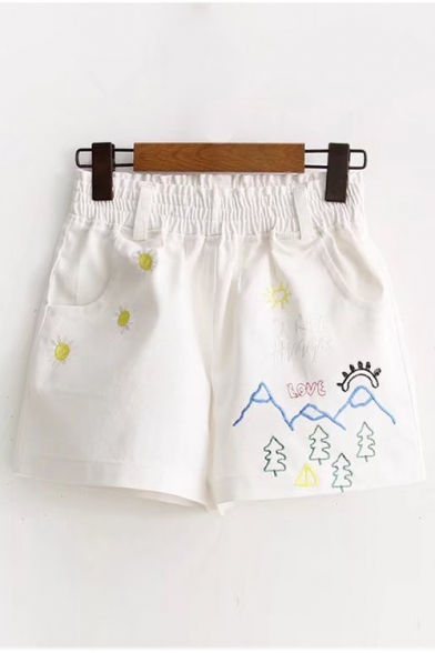 Elastic Waist Embroidered Loose Leisure Shorts with Pockets