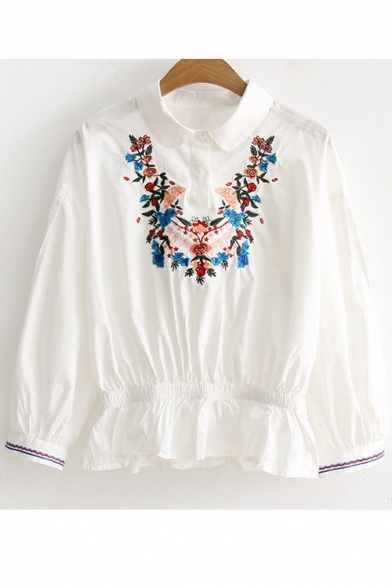 Floral Embroidered Long Sleeve Lapel Collar Gathered Waist Pullover Blouse