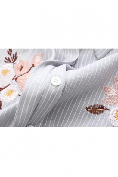 Floral Embroidered Striped Printed Lapel Collar Half Sleeve Summer's Shirt