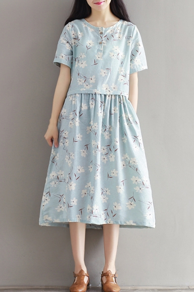 Floral Printed Round Neck Short Sleeve Midi T-Shirt Dress with Pockets