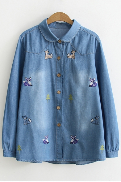 Lovely Embroidery Cartoon Fox Pattern Single Breasted Lapel Long Sleeve Denim Shirt