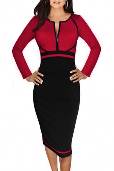 New Arrival Zip Fly Front Long Sleeve Color Block Midi Pencil Dress