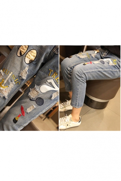 Oversize Ripped Embroidery Pattern Fashion Straight Ankle Jeans