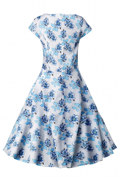 Retro Floral Printed Round Neck Cap Sleeve Fit & Flare Midi Flared Evening Dress