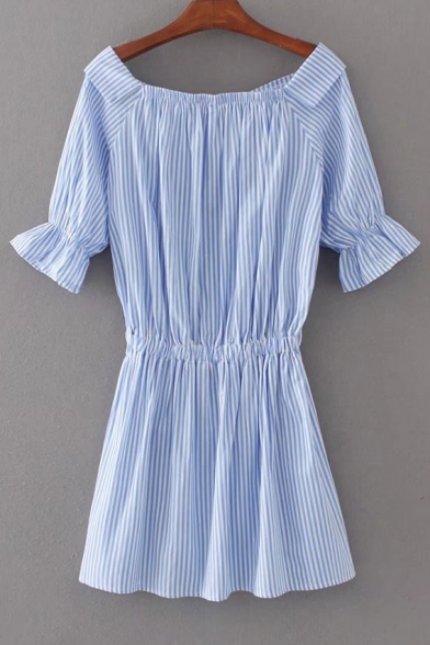 Boat Neck Short Sleeve Striped Printed Mini A-Line Dress