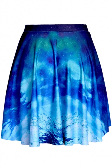 Digital Galaxy Cloud Printed A-Line Mini Pleated Skirt