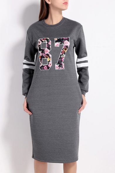 Fashion 87 Floral Printed Long Sleeve Round Neck Midi T-Shirt Dress with Pockets