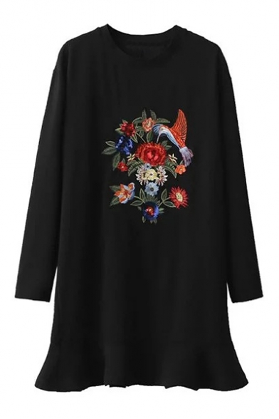 Fashion Embroidery Sequined Floral Bird Pattern Long Sleeve Round Neck Mini Shift Dress