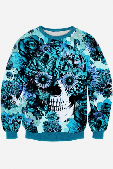 Fashion Floral Skull 3D Printed Long Sleeve Round Neck Pullover Sweatshirt