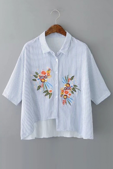 Floral Embroidered Striped Printed Lapel Collar Half Sleeve Asymmetrical Shirt
