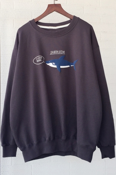 Loose Shark Letter Pattern Long Sleeve Round Neck Pullover Sweatshirt