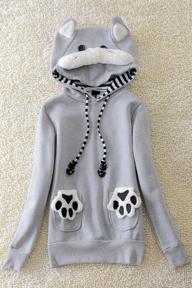 New Arrival Cat Claw Printed Pocket Long Sleeve Loose Casual Hoodie