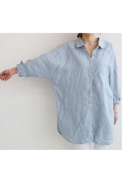 Oversize Loose Lapel Collar Long Sleeve Plain Leisure Tunic Shirt
