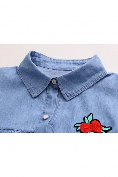 Rose Embroidered Short Sleeve Lapel Collar Knotted Hem Buttons Down Shirt