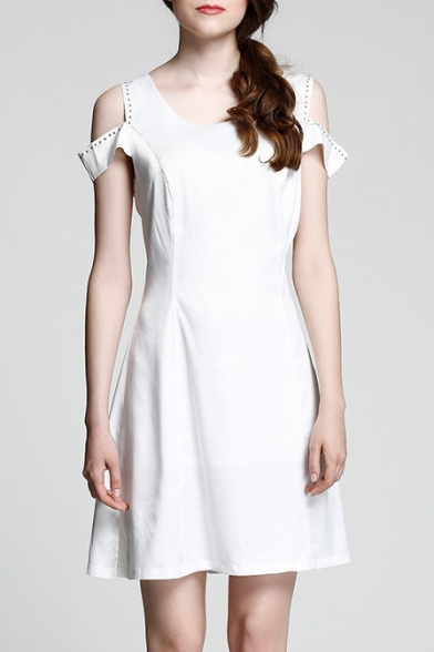 Round Neck Cold Shoulder V Back Beading Design Plain A-Line Mini Dress