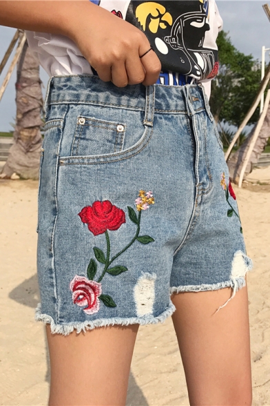 Summer's High Rise Floral Embroidered Ripped Raw Edge Denim Shorts
