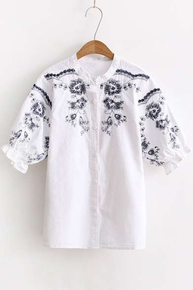 Women's Embroidery Floral Pattern Half Sleeve Round Neck Button Down Shirt
