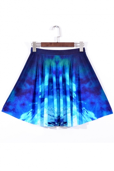 Digital Galaxy Cloud Printed A-Line Mini Pleated Skirt