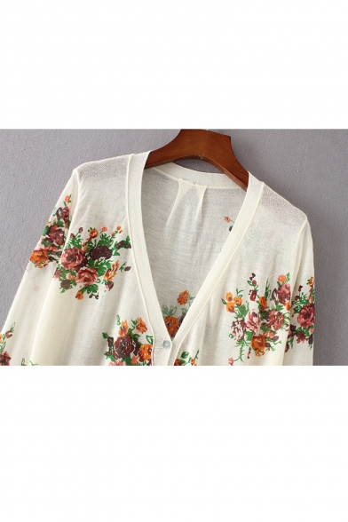 Floral Printed V-Neck 3/4 Length Sleeve Single Breasted Tunic Cardigan with Pockets